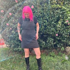Black Wool Pinstripe Overall Dress